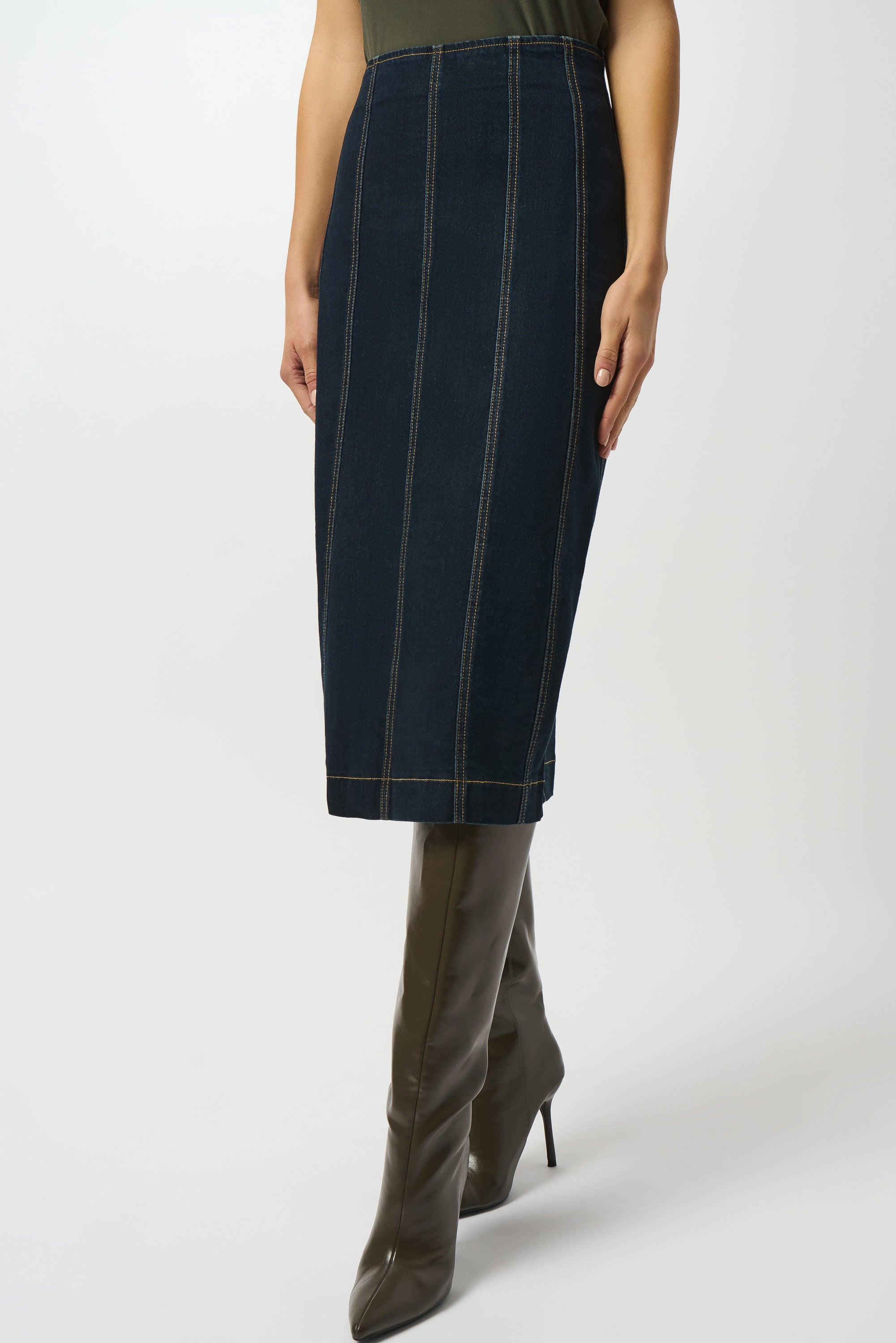Stretch Denim Paneled Pencil Skirt