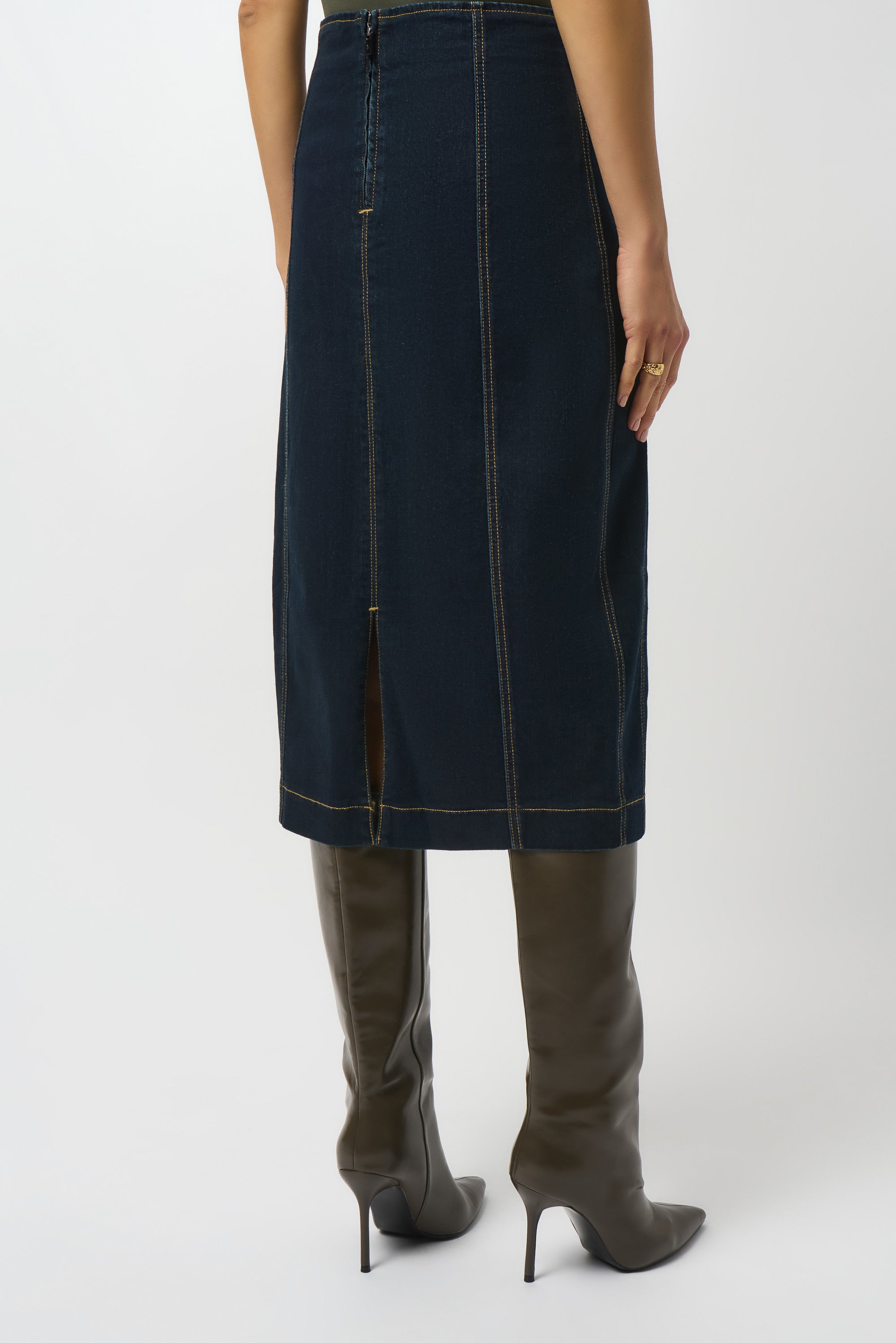 Stretch Denim Paneled Pencil Skirt