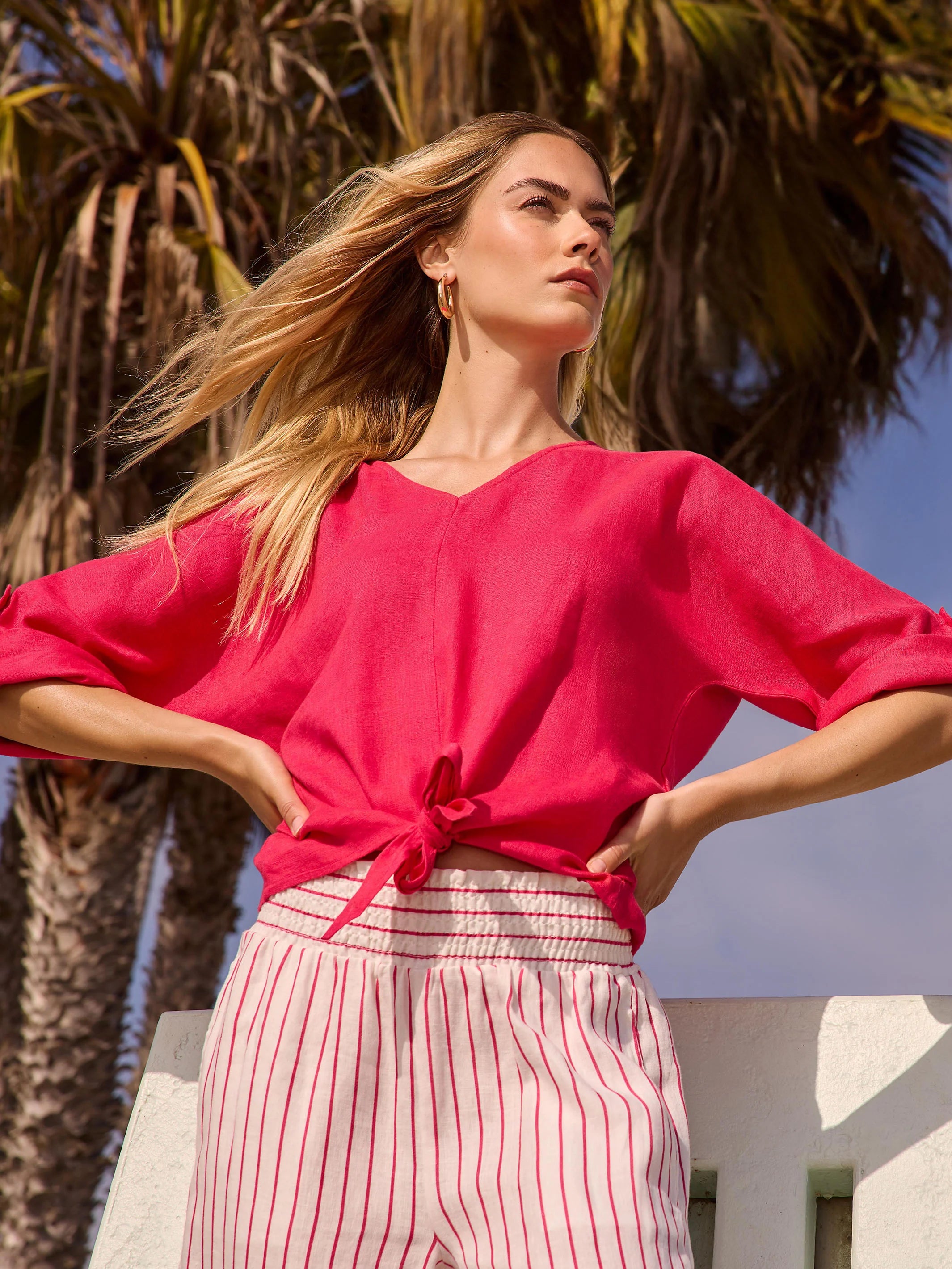 Linen Blend Front Tie Blouse