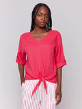 Linen Blend Front Tie Blouse